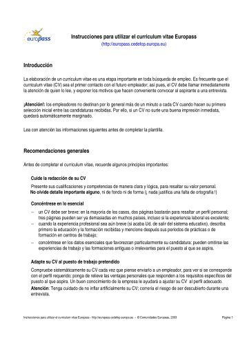 Instrucciones para utilizar el curriculum vitae Europass ... - Educarioja