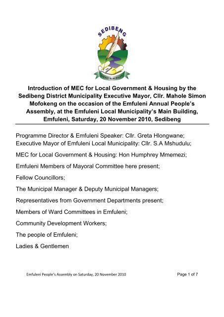 Emfuleni Annual People's Assembly - Sedibeng District Municipality