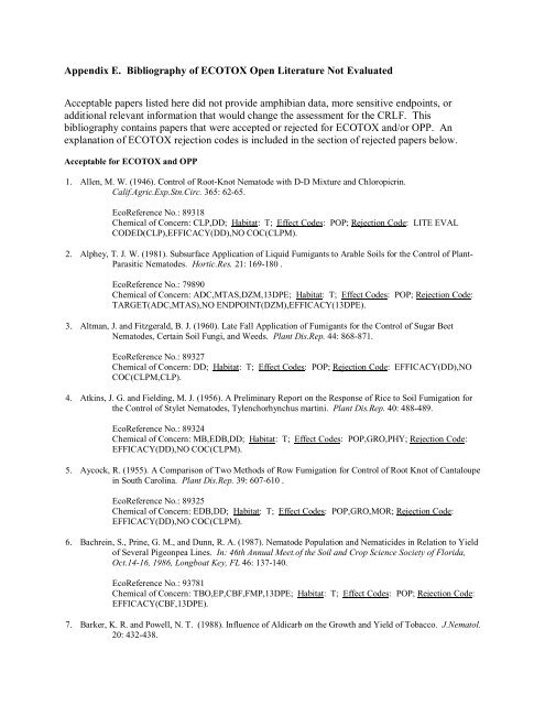 Appendix E Bibliography Of Ecotox Open Literature Not Evaluated