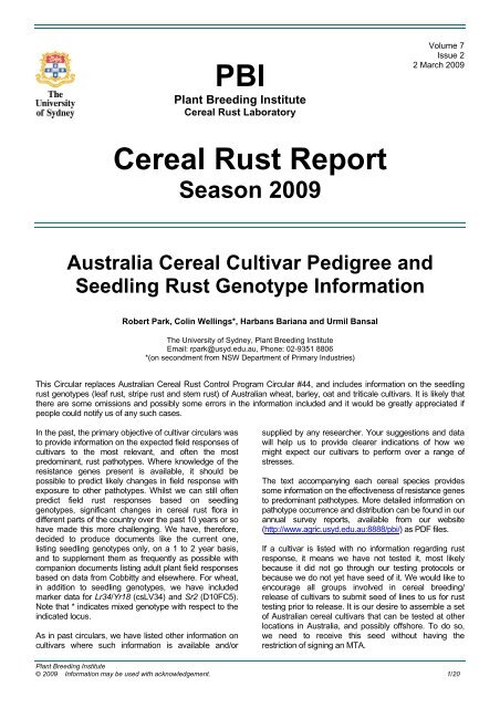 Issue 2: Australian Cereal Cultivar Pedigree and Seedling Rust ...