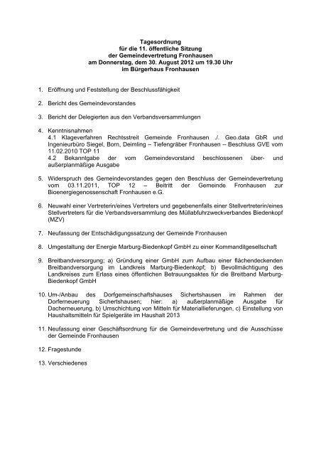 Niederschrift über die 11. öffentliche Sitzung der - Fronhausen