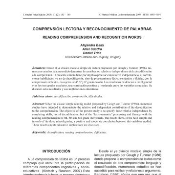 comprensiÃ³n lectora y reconocimiento de palabras - SciELO