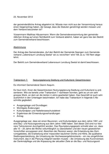 Protokoll Einwohnergemeindeversammlung 23.11.2012 - Seengen