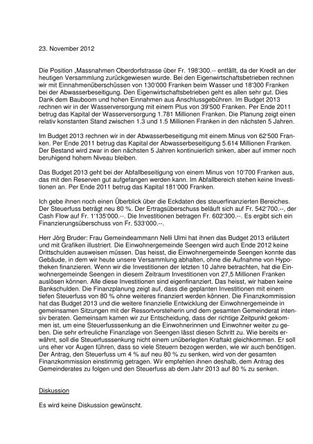 Protokoll Einwohnergemeindeversammlung 23.11.2012 - Seengen