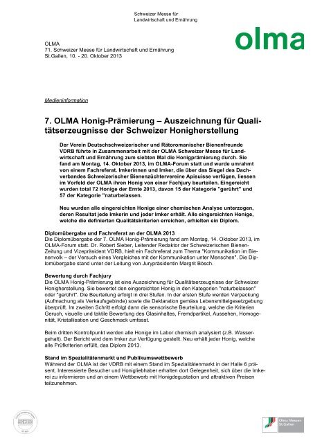 7. OLMA Honig-Prämierung – Auszeichnung für Quali ...