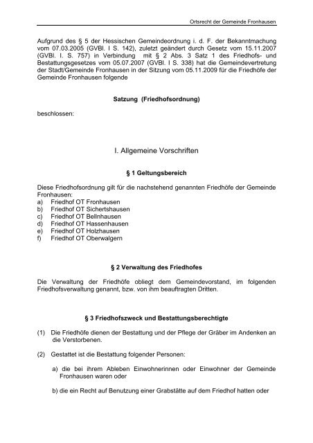 Gemeinde Fronhausen Ortsrecht 7.3 Friedhofsordnung der ...