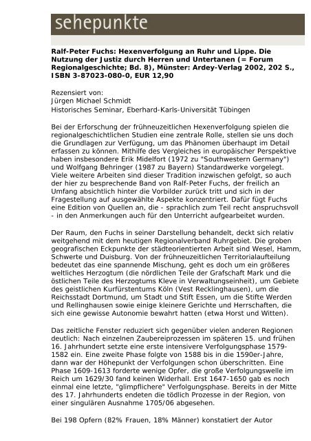 Ralf-Peter Fuchs: Hexenverfolgung an Ruhr und ... - Sehepunkte
