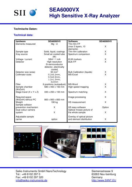 SEA 6000 VX Technical data - Seiko Instruments GmbH