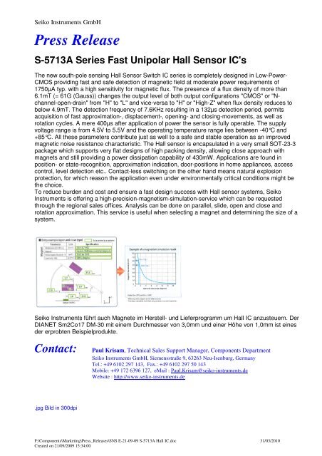 SNS E-21-09-09 S-5713A Hall IC - Seiko Instruments GmbH