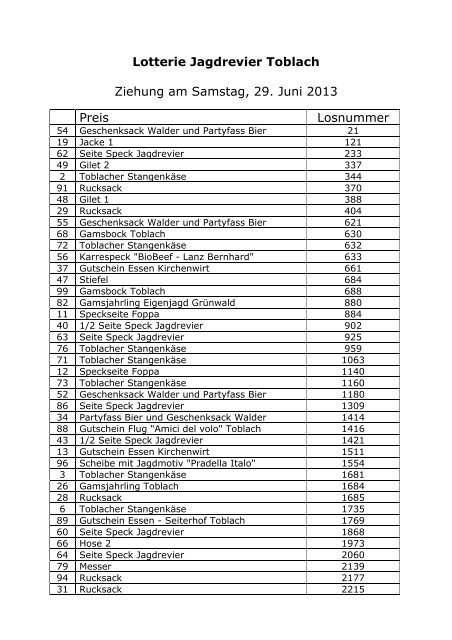 Lotterie Jagdrevier Toblach 2013-neu