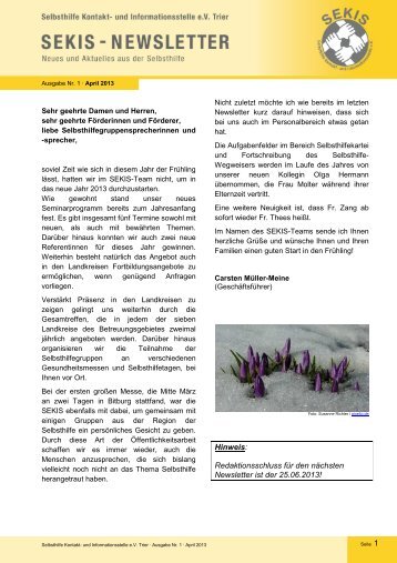 Redaktionsschluss fÃ¼r den nÃ¤chsten Newsletter ist der ... - SEKIS