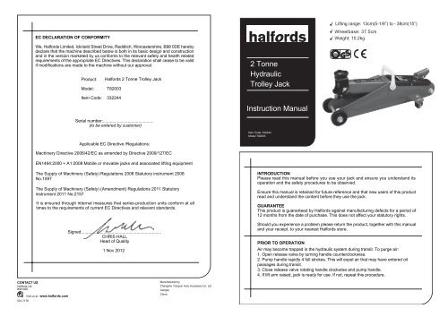 Instruction Manual 2 Tonne Hydraulic Trolley Jack - Halfords