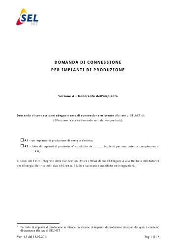 DOMANDA DI CONNESSIONE PER IMPIANTI DI PRODUZIONE