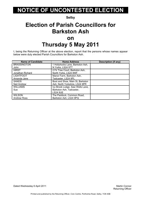 notice of uncontested election - Selby District Council