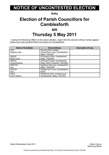 notice of uncontested election - Selby District Council