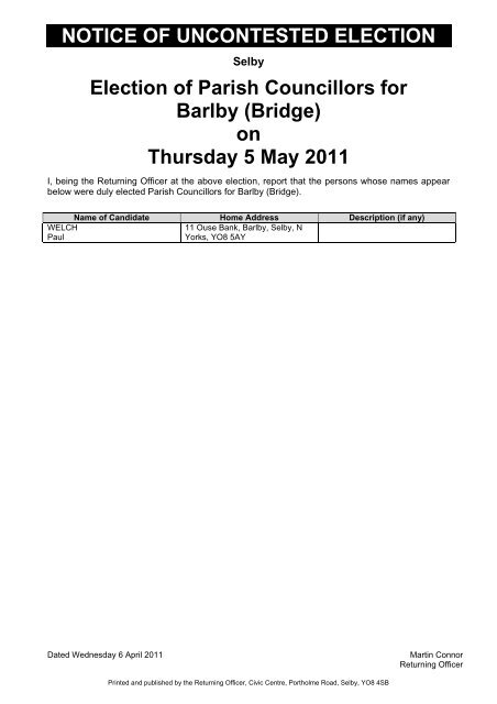 notice of uncontested election - Selby District Council