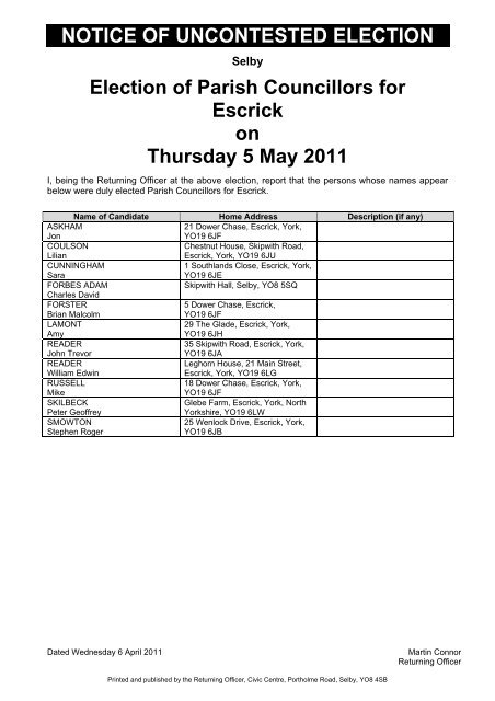 notice of uncontested election - Selby District Council