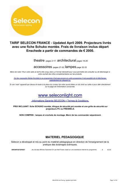 TARIF SELECON FRANCE - Updated April 2009. Projecteurs livrÃ©s ...