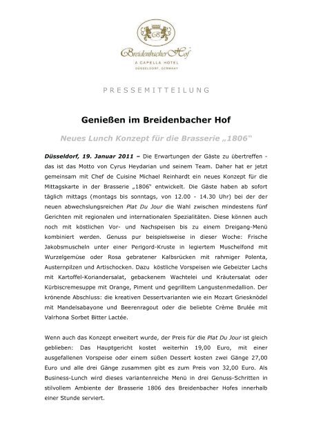 GenieÃen im Breidenbacher Hof - Aktuelles aus den Hotels der ...