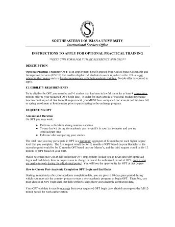 OPT Instructions - Southeastern Louisiana University