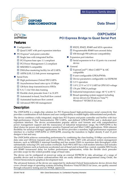 OXPCIe954 PCI Express Bridge to Quad Serial Port