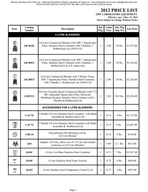 Waring Laboratory 2012 Price List - Clarkson Laboratory and Supply