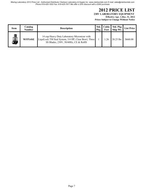 Waring Laboratory 2012 Price List - Clarkson Laboratory and Supply