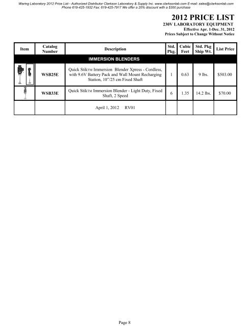 Waring Laboratory 2012 Price List - Clarkson Laboratory and Supply