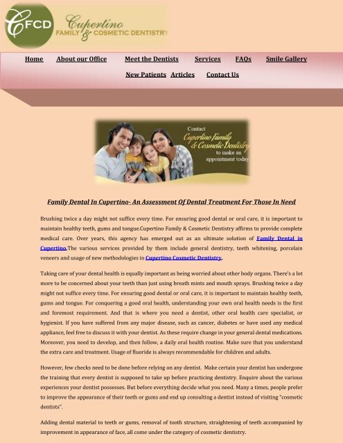  Family Dental In Cupertino- An Assessment Of Dental Treatment For Those In Need