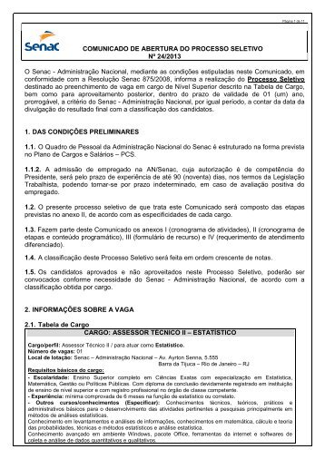 Comunicado de Abertura do Processo Seletivo 24/2013 - Senac