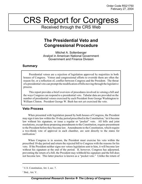The Presidential Veto and Congressional Procedure