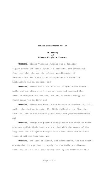 Page - 1 - SENATE RESOLUTION NO. 24 In Memory of Aleena ...