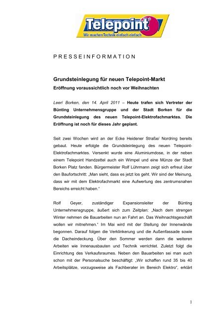 Grundsteinlegung Telepoint Borken - Bünting-Unternehmensgruppe