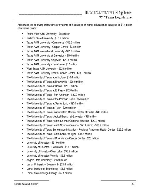 Highlights 77th Texas Legislature - Senate