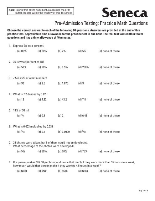 Pre-Admission Testing: Practice Math Questions - Seneca College