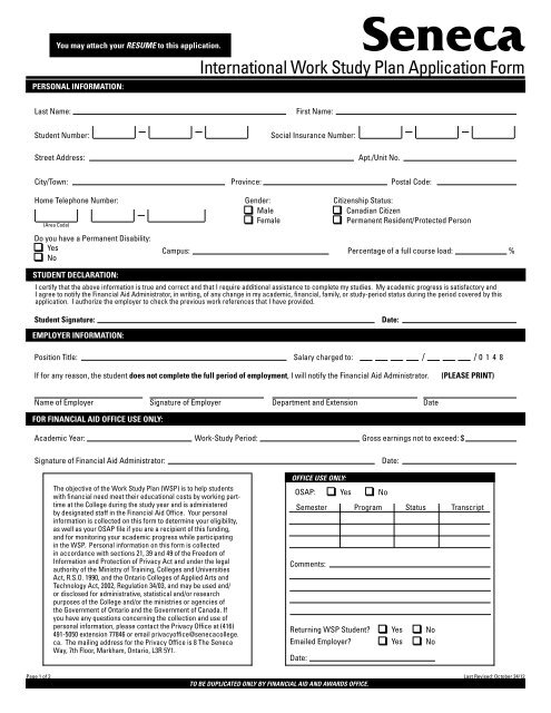 International Work Study Plan Application Form - Seneca College