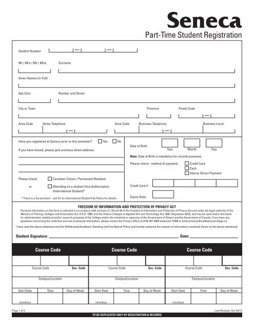 Part-Time Student Registration form - Seneca College