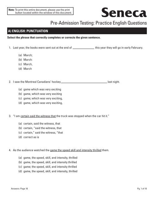 Pre-Admission Testing: Practice English Questions