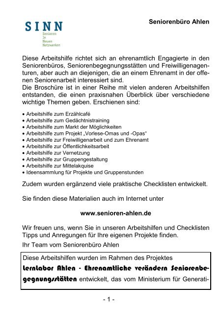 Arbeitshilfe Gruppengestaltung - Senioren Ahlen