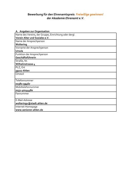 Bewerbung fÃ¼r den Ehrenamtspreis Freiwillige ... - Senioren Ahlen