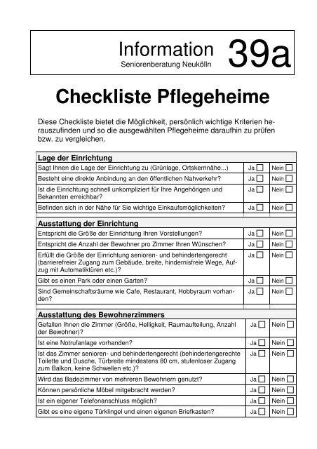 39a Checkliste Pflegeheime - Seniorenberatung NeukÃ¶lln