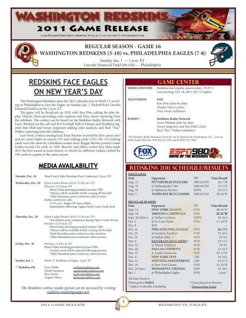 Redskins Face Eagles On New Year S Day Media Availability Nfl Com