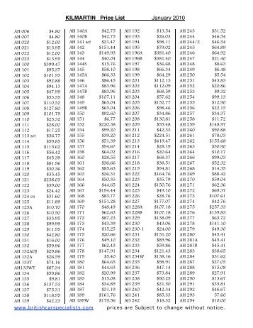 KILMARTIN Price List January 2010 - British Car Specialists