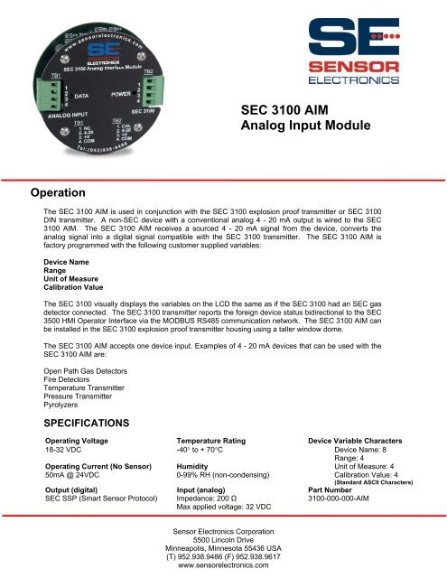 SEC 3100 Analog Interface Module (AIM) - Sensor Electronics