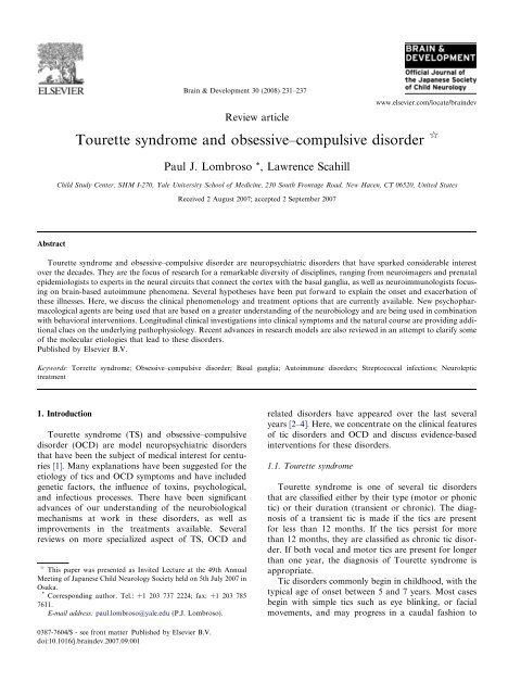 Tourette syndrome and obsessiveâ compulsive disorder - sepeap