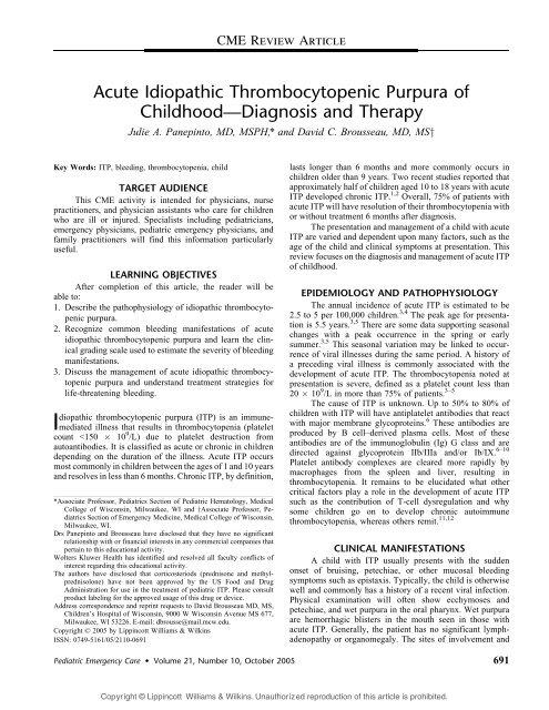 Acute Idiopathic Thrombocytopenic Purpura of Childhood ... - sepeap