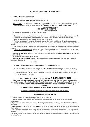 MODALITES D'INSCRIPTION AUX STAGES ... - Seraing