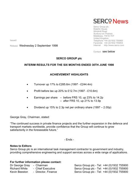 Interim results for the six months ended 30 June 1998 - Serco