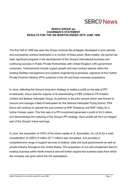 Interim results for the six months ended 30 June 1998 - Serco