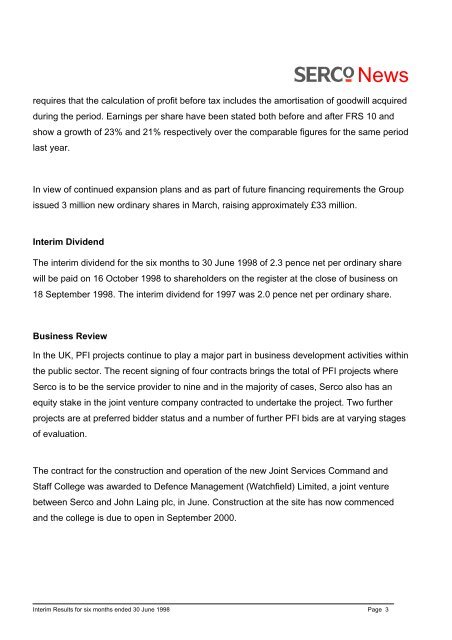 Interim results for the six months ended 30 June 1998 - Serco
